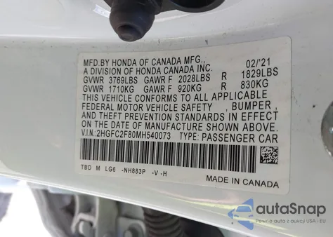 2021 Honda Civic Sport z USA, uszkodzony, nr VIN 2HGFC2F80MH540073